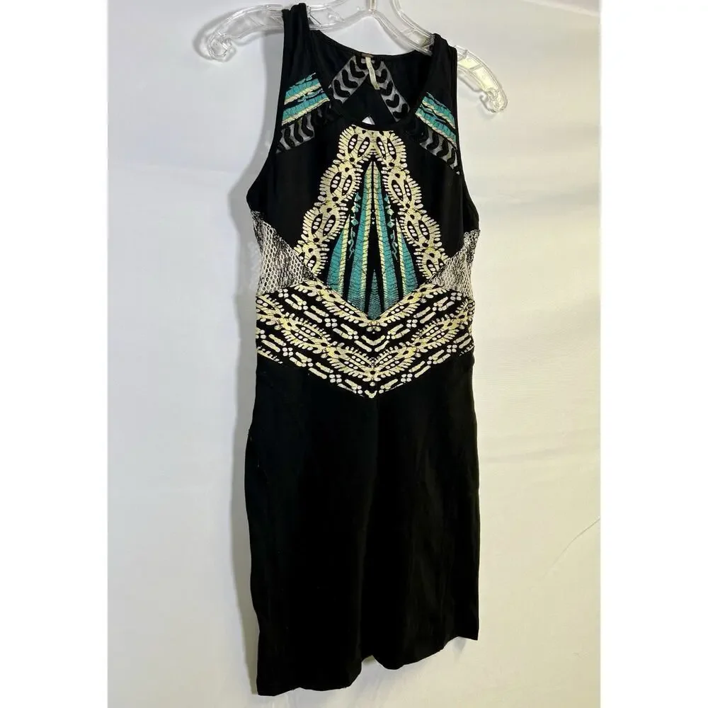 VTG Y2K Free People Short Fitted Stretch Cotton Dress Size S Black Boho‎ Aztec